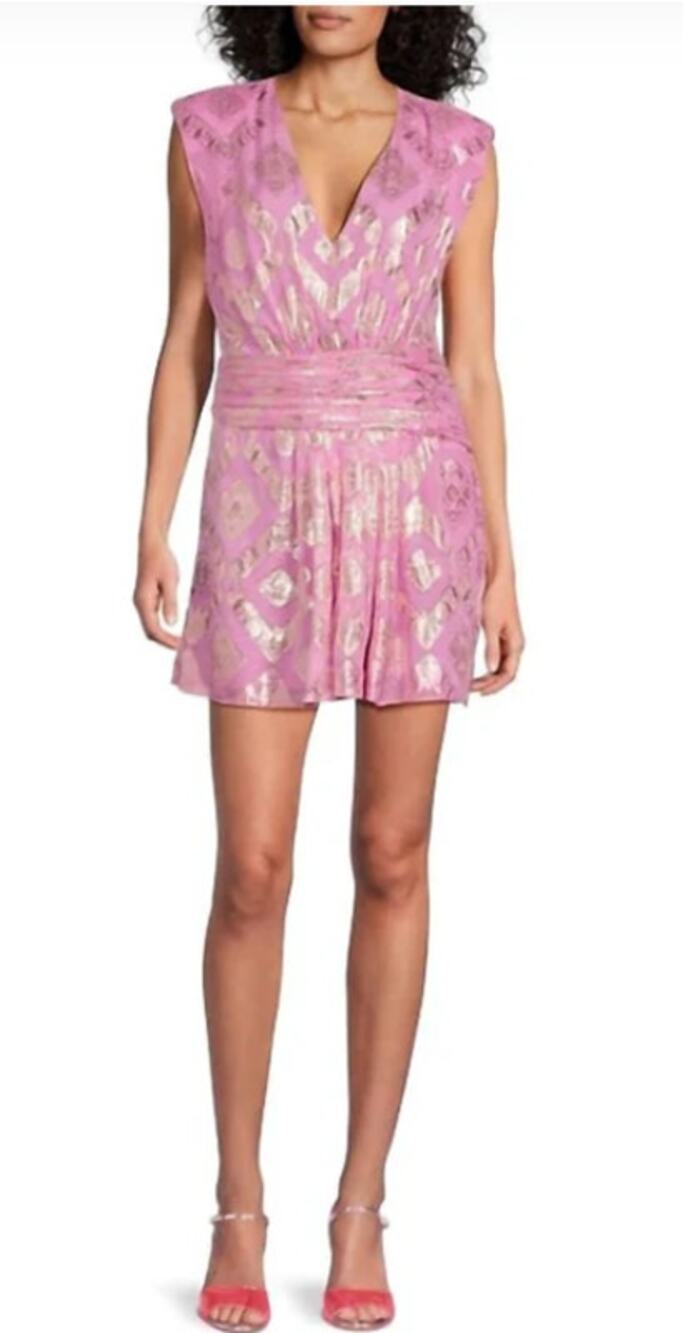 Ramy Brook Reina Ruched Metallic Jacquard Mini Dress Pink Silk Blend Size 6 New